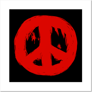 Ragged Brushed Peace Sign Red Posters and Art